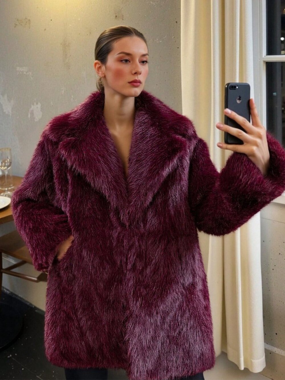 Burgundy Casual Women's Faux Fur teddy Warm Oversize Lapel Coat - Picture 2 of 10